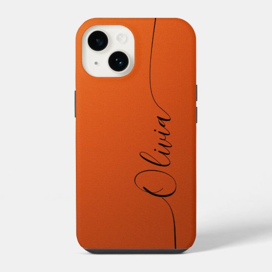 Coque Pour iPhone 14 Orange Noir Élégant Calligraphie Script Nom (Verso)