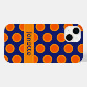 Coque Pour iPhone 14 Oranges à points Polka sur le nom bleu (Back (Horizontal))