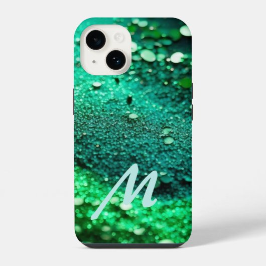 Coque Pour iPhone 14 Pailleté vert monogrammé  (Verso)