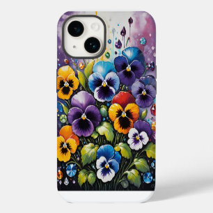 Coque Pour iPhone 14 Pansies de printemps colorées et pierres précieuse