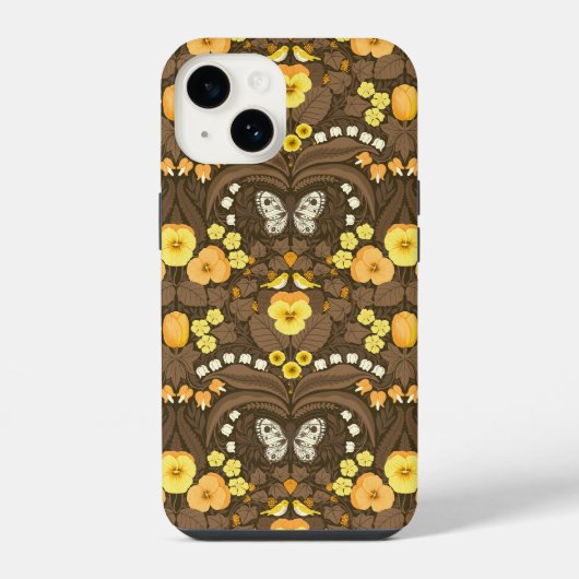 Coque Pour iPhone 14 Pansies jaunes, oiseaux et papillons (Verso)