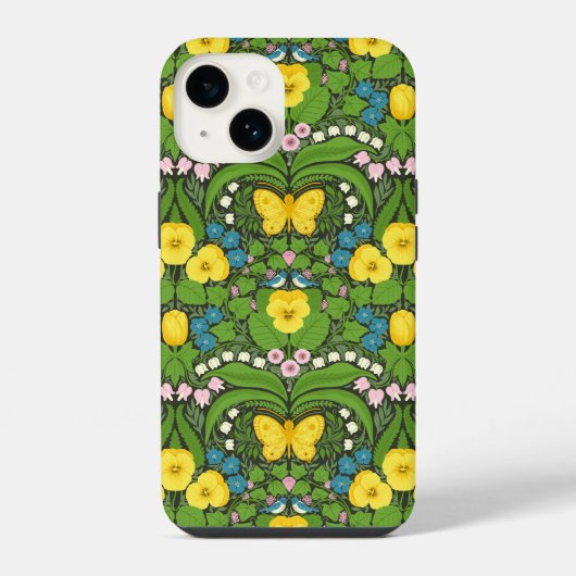 Coque Pour iPhone 14 Pansies jaunes, oiseaux et papillons (Verso)