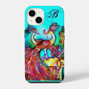 Coque Pour iPhone 14 PAONS AMOUREUX MONOGRAMME Turquoise Bleu