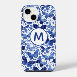 Coque Pour iPhone 14 Papillon aquarelle bleu monogramme