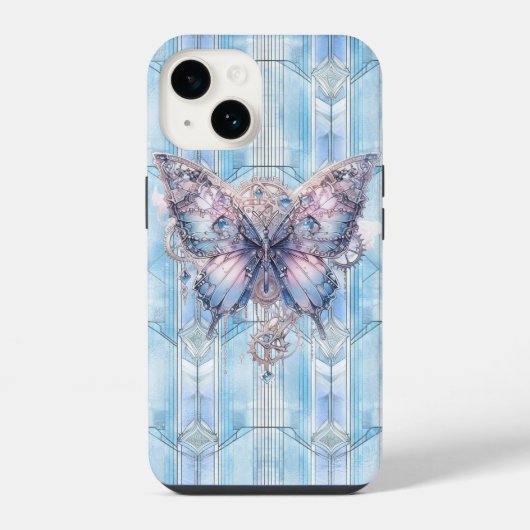 Coque Pour iPhone 14 Papillon Steampunk Bleu Glace (Verso)