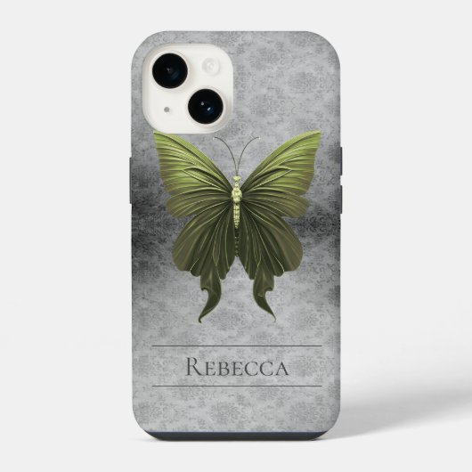 Coque Pour iPhone 14 Papillon vert à bijoux Damas (Verso)