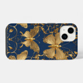Coque Pour iPhone 14 Papillons bleus métalliques avec Vins d'or (Verso Horizontal)