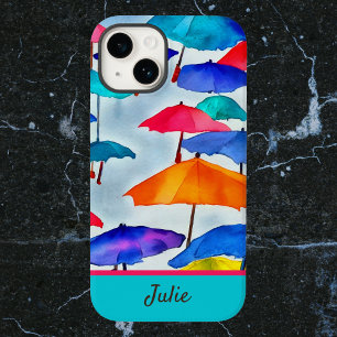 Coque Pour iPhone 14 Parapluies aquarelles joyeux avec nom sous la plui