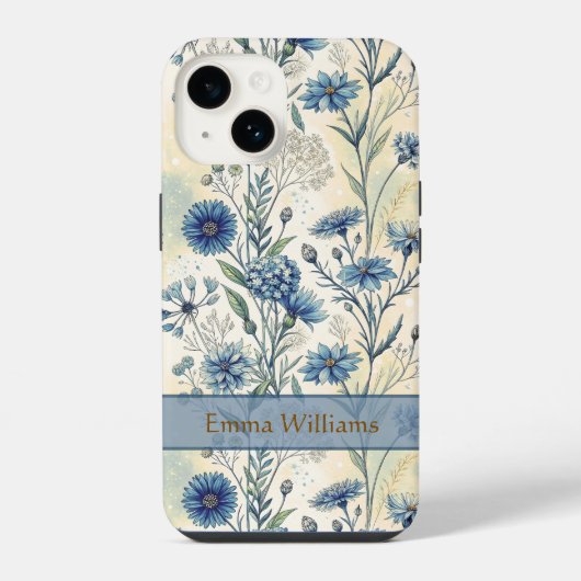 Coque Pour iPhone 14 Personalized Name Blue Wildflowers (Verso)