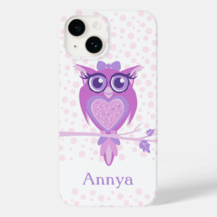 Coque Pour iPhone 14 Petites filles hibou violet, rose et blanc