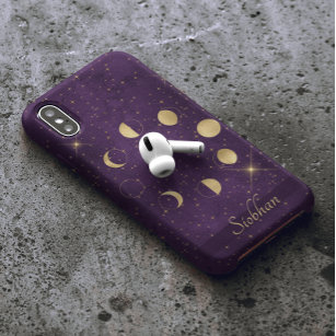 Coque Pour iPhone 14 Phases de la lune d'or Étoiles violettes Personnal