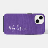 Coque Pour iPhone 14 Photo de texture de lin violet Votre nom en écritu (Verso Horizontal)