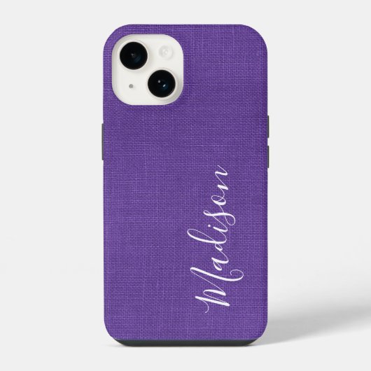 Coque Pour iPhone 14 Photo de texture de lin violet Votre nom en écritu (Verso)