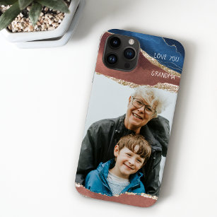 Coque Pour iPhone 14 Photo Love You Grandma Blue Terracotta Gold