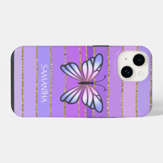 Coque Pour iPhone 14 Pink or violet papillon rayures filles nom (Verso Horizontal)