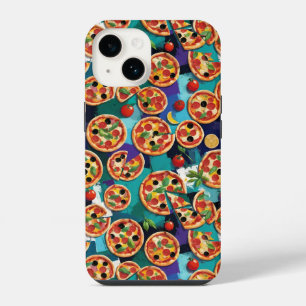 Coque Pour iPhone 14 Pizza pepperoni abstrait sur fond de couleur bleue