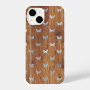 Coque Pour iPhone 14 Plaques en bois et papillons en argent iPhone 14 C