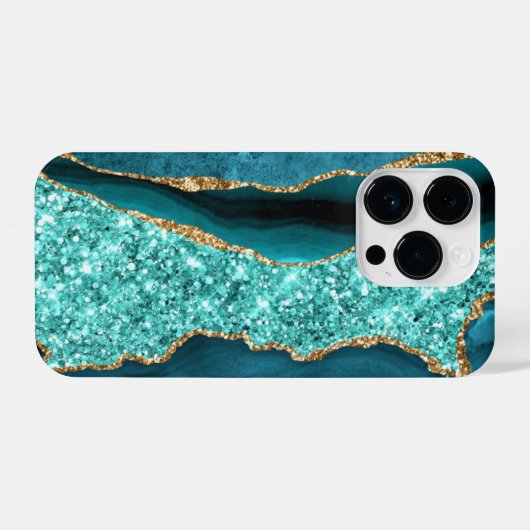 Coque Pour iPhone 14 Plus Agate Turquoise Blue Gold Parties scintillant Marb (Verso Horizontal)