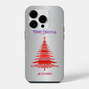 Coque Pour iPhone 14 Plus Arbre de Noël élégant Nom rouge Snowflakes Argent