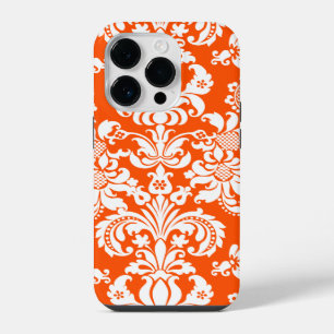 Coque Pour iPhone 14 Plus Blanc Sur Orange Vintage Floral Damas