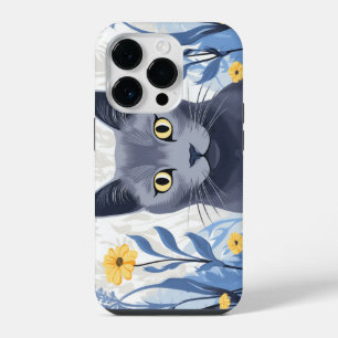 Coque Pour iPhone 14 Plus Chat Bleu Russe Fleurs Jaunes