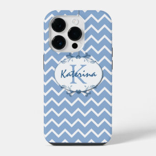 Coque Pour iPhone 14 Plus Chevron en bleu polo et blanc avec cadre floral