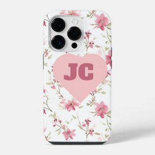 Coque Pour iPhone 14 Plus Chic Coeur Monogramme Initiales Rose Floral Shabby