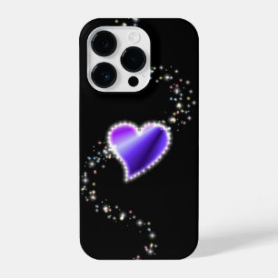 Coque Pour iPhone 14 Plus Coeur arc-en-ciel violet avec étoiles sur noir