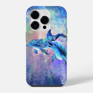 Coque Pour iPhone 14 Plus Couple de dauphins Famille heureuse Dauphins Bleus