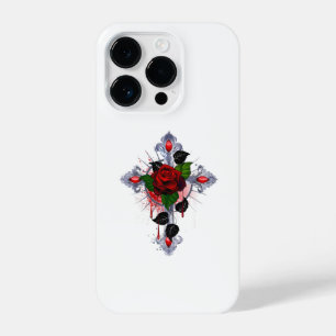 Coque Pour iPhone 14 Plus Croix d'argent avec une rose rouge