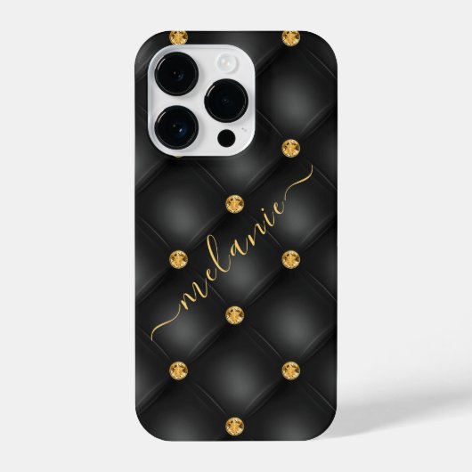 Coque Pour iPhone 14 Plus Elégant Diamant Or Noir Tufted Luxe Votre Nom (Verso)