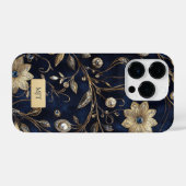 Coque Pour iPhone 14 Plus Elegant Navy Gold Floral Phone Case (Verso Horizontal)