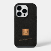 Coque Pour iPhone 14 Plus Élégant noir cuir or monogrammé nom de script (Verso)