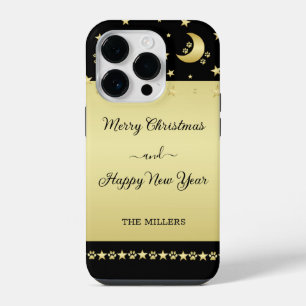 Coque Pour iPhone 14 Plus Étoiles de Noël dorées brillantes, pattes sur fond