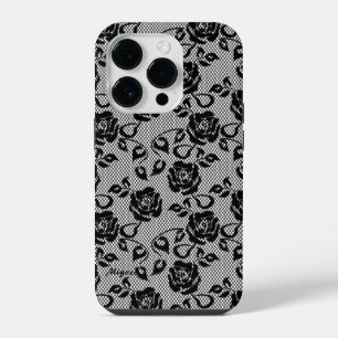 Coque Pour iPhone 14 Plus Étui iPhone Faux Roses en Dentelle Noire