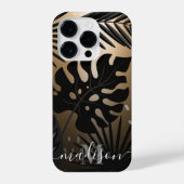 Coque Pour iPhone 14 Plus Feuilles tropicaux noirs et dorés (Verso)