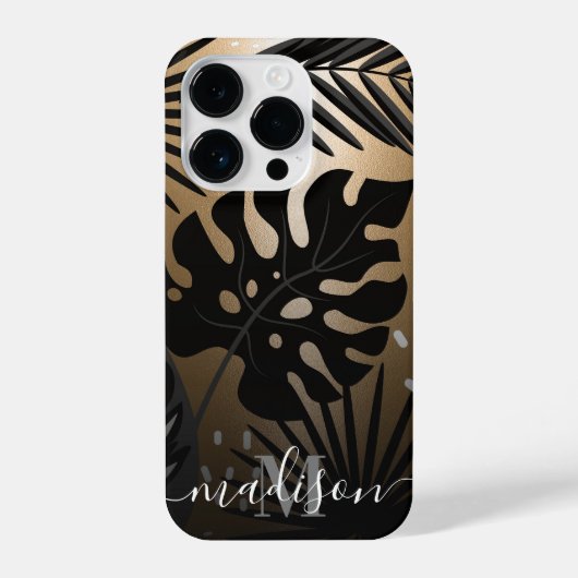 Coque Pour iPhone 14 Plus Feuilles tropicaux noirs et dorés (Verso)