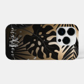 Coque Pour iPhone 14 Plus Feuilles tropicaux noirs et dorés (Verso Horizontal)