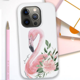 Coque Pour iPhone 14 Plus Flamant Rose Tropical Aquarelle Florale avec Nom