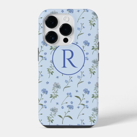 Coque Pour iPhone 14 Plus Fleur Bleue Forget-me-not Aquarelle Monogrammée (Verso)
