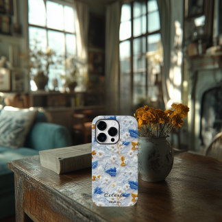 Coque Pour iPhone 14 Plus Fleurs brodées bleues et or personnalisées