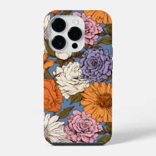 Coque Pour iPhone 14 Plus Fleurs de style bohème orange bleu crème florales