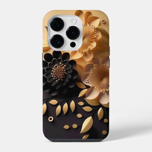 Coque Pour iPhone 14 Plus Fleurs noires et or 3D (Verso)