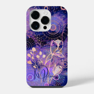 Coque Pour iPhone 14 Plus Fleurs sur fond de cercles bleu-violet design