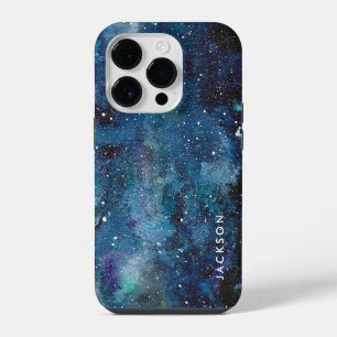 Coque Pour iPhone 14 Plus Galaxie Espace Étoiles Nom Aquarelle Bleue