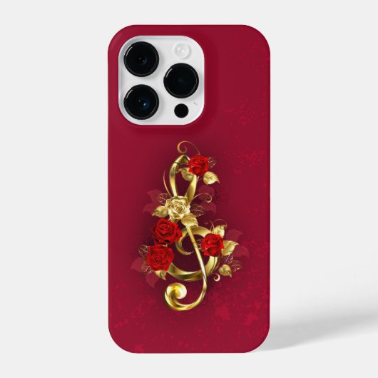Coque Pour iPhone 14 Plus Golden Treble Clef avec fleurs Roses (Verso)