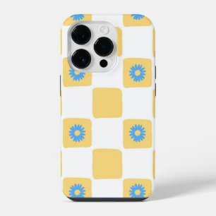 Coque Pour iPhone 14 Plus Jaune Blanc À Carreaux Avec Motif De Fleur Bleue
