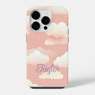 Coque Pour iPhone 14 Plus joli motif de nuage sur un ciel rose avec nom