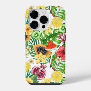 Coque Pour iPhone 14 Plus Mix-fruit tropical, fleurs et feuilles sur blanc