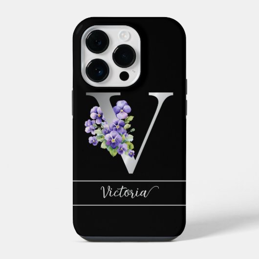 Coque Pour iPhone 14 Plus Monogram V silver custom name blue violets black (Verso)